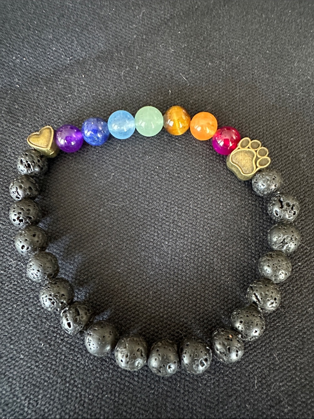 Lava Stone Beaded Bracelet with Heart, Paw Print and  Rainbow Gem Accents